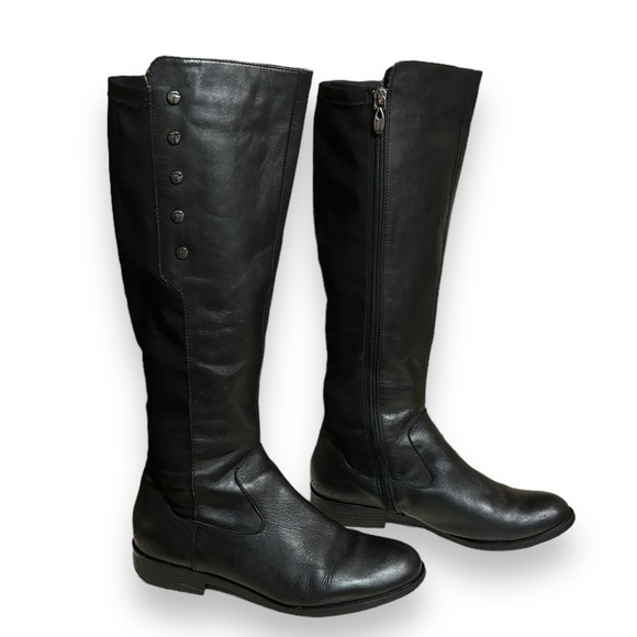 TAHARI Black Leather & Stretch Panel Brady Knee Boots Side Button Detail - Picture 4 of 11